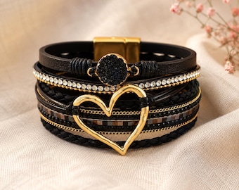 Alster Herz® Damen Wickelarmband, Boho-Style Herz-Anhänger, Mehrschichtiges Kunstleder-Armband, Magnetverschluss, Geschenk Freundin & Frauen