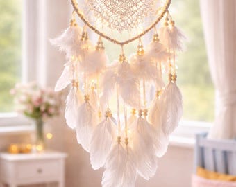 Acchiappasogni a LED a forma di cuore in stile boho per la cameretta delle bambine, decorazione da parete per la stanza delle bambine, regalo per il battesimo, acchiappasogni bianco