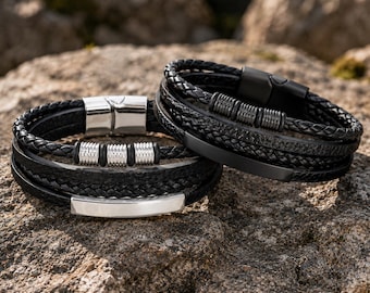 Pulsera de cuero para hombre negra · Pulsera de cuero genuino multicapa para hombre · Plateada o negra · Regalo para novio y marido