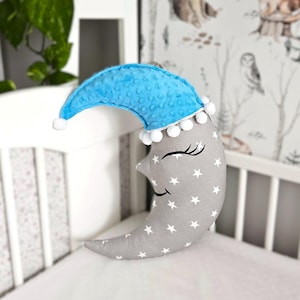 Smiling moon pillow for nursery decor, Soft pastel minky cushion with cap, Cozy celestial baby room accessory, Ideal baby shower present