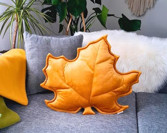 Leaf Shaped Pillow Mustard Yellow, Maple Leaf Velvet Botanical Cushion, Ochre Decorative Pillow for Living Room, Nature Inspired Home Decor