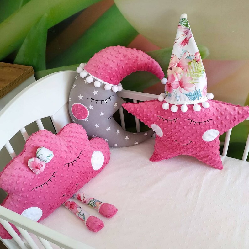 Set of Three Throw Pillows, Cloud Moon and Star Pillows, Pink and Grey