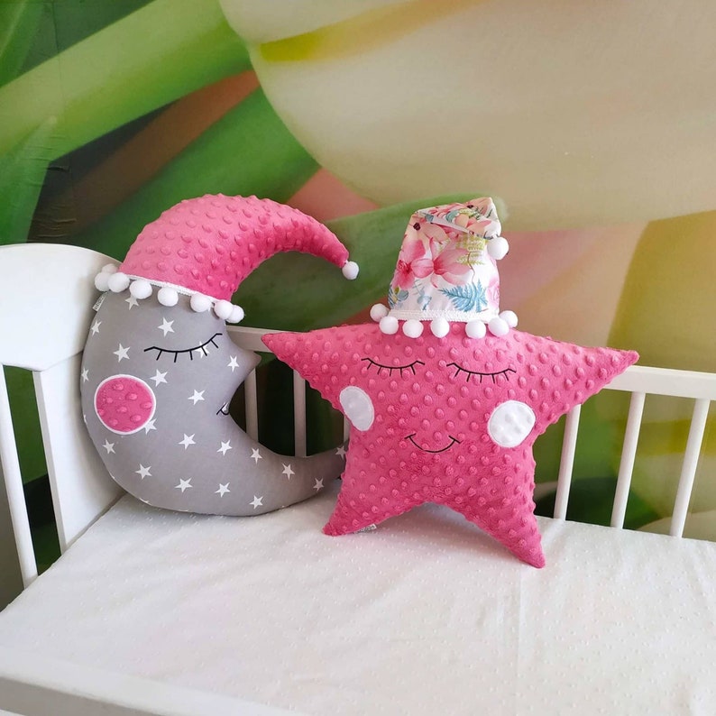 Set of Three Throw Pillows, Cloud Moon and Star Pillows, Pink and Grey