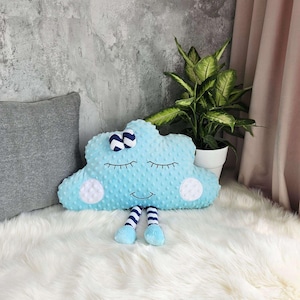 Almohada de nube azul con cara sonriente, cojín suave de minky para dormitorio infantil, idea de regalo para baby shower, bonito regalo para guardería, decoración de cama tierna