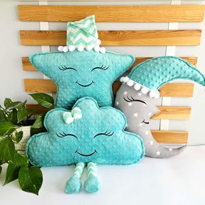 Green moon star cloud pillow set, Soft minky baby nursery decor, Handmade plush toy gift for kids, Toddlers, infant room or baby shower