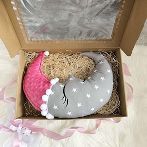 Gift-ready pink moon pillow for baby girl, Soft pastel plush with cap, Baby shower gift idea, Keepsake celestial nursery decor