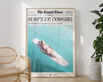 Coastal Cowgirl Newspaper Print: Surf's Up Western Wall Art (Digital Download)