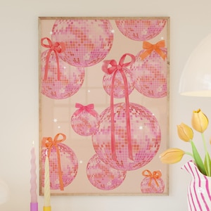 Trendy Disco Coquette Bow Print, Preppy Pink and Orange Disco Balls, Aesthetic Dorm Room Decor, Bachelorette Poster, Maximalist Wall Art