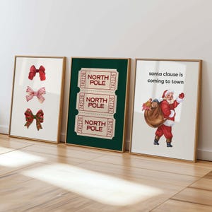 Red Bow Coquette Christmas Prints Set of 3, Santa is Coming, Printable Wall Art, Trendy North Pole Ticket, Modern Christmas Holiday Decor