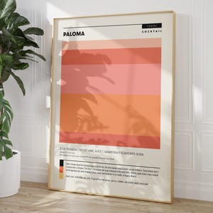 Póster de cóctel Paloma, decoración de carrito de bar de mediados de siglo, impresiones de arte mural en color rosa melocotón, arte de bar, regalo de decoración para el hogar, póster con guía de recetas de cócteles
