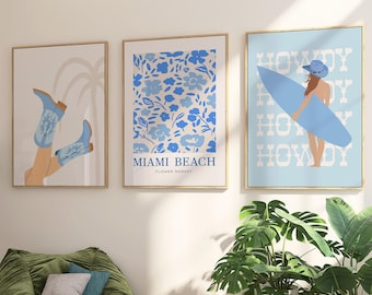 Blue Coastal Cowgirl Art Prints Set of 3: Beachy Western Decor (Digital Download)