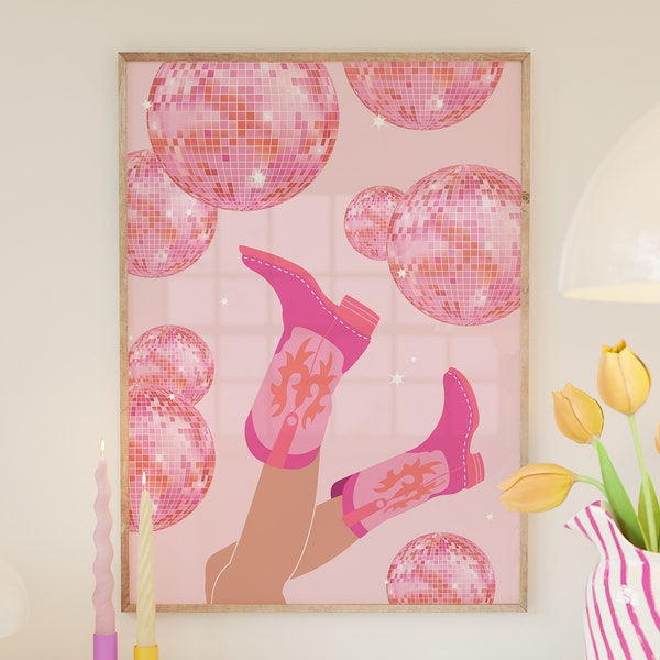 Cowgirl Boots and Disco Ball Poster, Pink and Orange Wall Art, Western Print, Preppy Dorm Room Decor, Bachelorette Bar Art, Digital Download