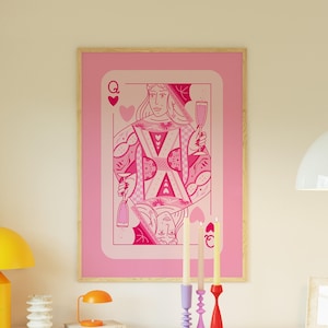 Heiße rosa Herzkönigin Spielkarte Druck, druckbare Wandkunst, trendige Preppy College Wohnheim Dekor, digitaler Download, Champagner Bar Warenkorb