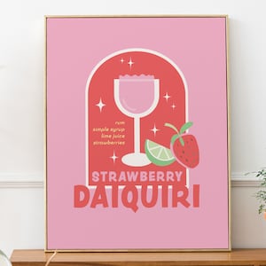 Impresión de cóctel daiquiri, decoración de pared para carrito de bar, póster de cócteles imprimible, impresiones artísticas de bar rosa, póster de recetas de cócteles, descarga digital