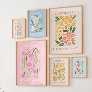 Juego de 6 impresiones del Mercado de Flores, Arte mural rosa, Arte mural botánico, Pósteres coloridos, Impresiones artísticas de moda, Decoración floral retro, Descarga digital