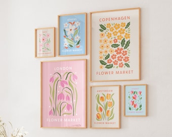 Flower Market Print Set of 6, Pink Wall Art, Botanical Wall Art, Colorful Posters, Art Prints Trendy, Retro Flower Decor, Digital Download