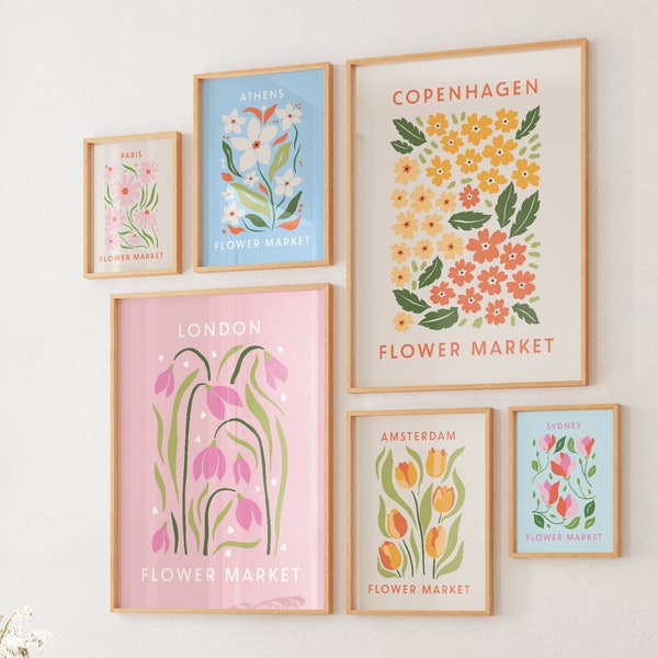 Blumenmarkt Print 6er Set, rosa Wandkunst, botanische Wandkunst, bunte Poster, Kunstdrucke Trendy, Retro Blumendekor, digitaler Download