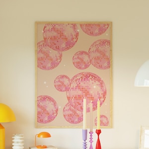 Pink and Orange Disco Ball Print, Trendy Wall Art, Girly Dorm Room Decor, Bachelorette Bar Art, Maximalist Decor, Digital Download Poster