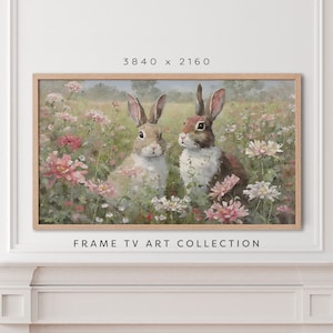 Bunnies in Wildflower Field, Samsung TV Frame Art, Vintage Spring Bunny Rabbits, Easter TV Frame Farmhouse Decor, Bunny Painting Nursery