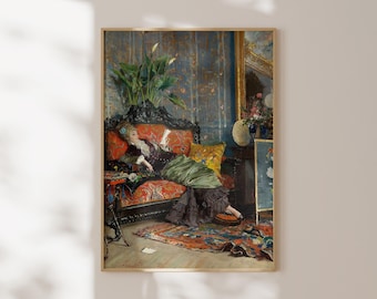 Victoriaans schilderij vrouw lezend: antieke portretkunstprint (digitale download)