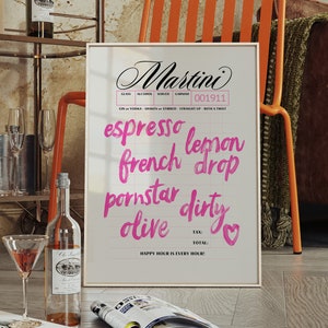 Pink Martini Cocktail Print, Retro Espresso Martini Guest Check, Bar Cart Decor, Preppy Wall Art, Girly Trendy Aesthetic, Digital Download