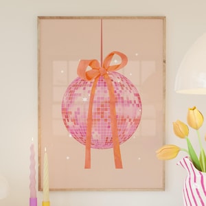 Różowa i pomarańczowa kokardka z kokardą dyskotekową, wydruk artystyczny, wystrój pokoju w akademiku Preppy, modna estetyczna galeria ścienna, plakat na wózek barowy, pobieranie cyfrowe