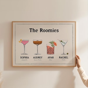 Individueller Getränkedruck für Mitbewohner, Mitbewohner als Getränke, Trendige Kunst fürs Studentenwohnheim, Barwagen-Deko, Cocktailposter, Personalisierte Wandkunst