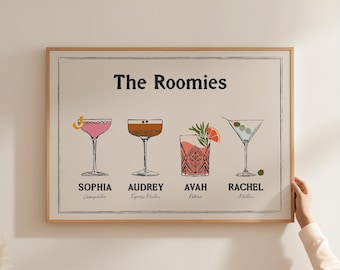 Custom Roommate Drink Print, Roommates as Drinks, Trendy College Apartment Dorm Art, Bar Cart Decor, Cocktail Poster, Personalized Wall Art