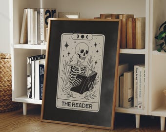 The Reader Tarot Card Halloween Print Skeleton Reading Book Wall Art