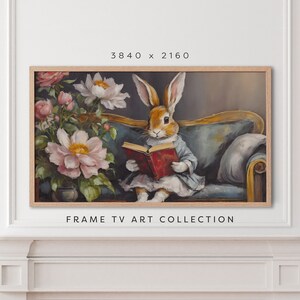 Cute Bunny Reading, Floral Easter Rabbit Samsung Frame TV Art, Vintage Nursery Painting, Cottagecore Decor, Spring Farmhouse Decor for Kids
