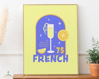 Impresión de la receta del cóctel French 75: Arte retro para carrito de bar (descarga digital)