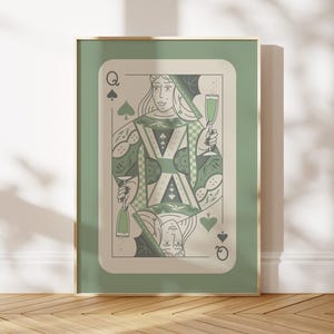 Queen of Spades Playing Card Poster, Cocktail Print, Sage Green Trendy Aesthetic, Bar Cart Decor, Preppy Dorm Decor, Funky Girly Wall Art
