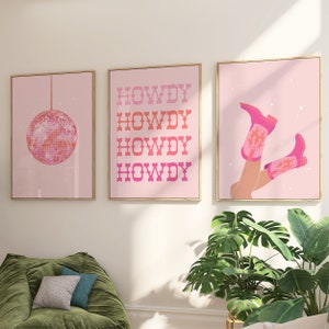 Pink Disco Cowgirl Print Set of 3, Preppy Wall Art, Western Dorm Room Decor, Howdy Print, Disco Ball, Pink Cowboy Boots, Digital Download