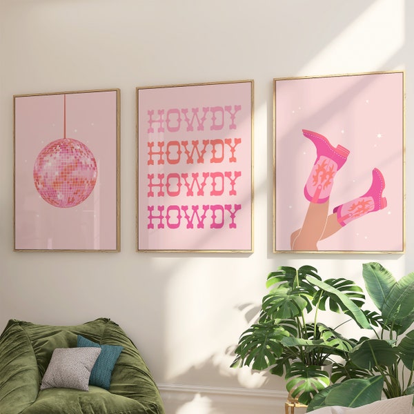 Pink Disco Cowgirl Print Set of 3, Preppy Wall Art, Western Dorm Room Decor, Howdy Print, Disco Ball, Pink Cowboy Boots, Digital Download
