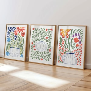 Set di 3 stampe di piante in vaso, poster incorniciati di arte moderna, arte botanica floreale, arredamento scandinavo colorato, mercato dei fiori a parete della galleria