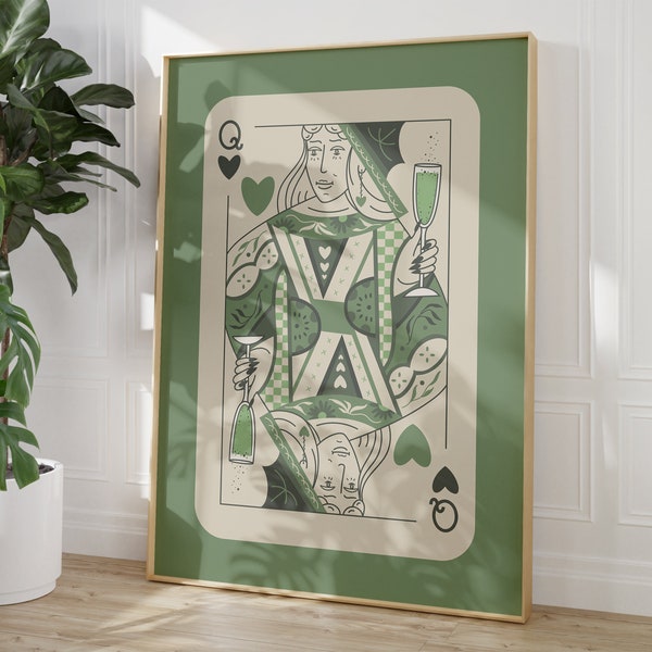 Sage Green Queen of Hearts Playing Card Poster, Cocktail Print, Trendy Aesthetic, Bar Cart Decor, Preppy Dorm Decor, Funky Girly Wall Art