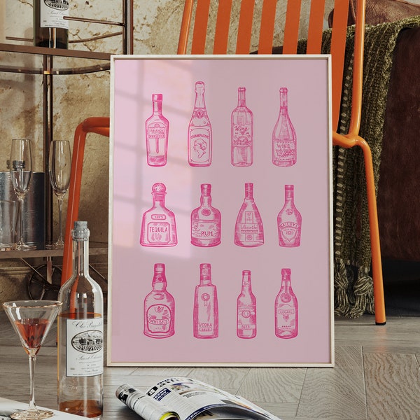 Hot Pink Alcohol Print, Bar Cart Decor, Printable Wall Art, Preppy Dorm Art, Trendy College Room Aesthetic, Girly Art, Digital Download