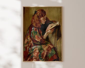 Vintage portret vrouw lezend: eclectische antieke kunst (digitale print)