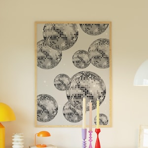 Silber Disco Ball Wand Kunst Print, druckbare Kunst im Studentenwohnheim, Girly Preppy trendige Ästhetik, 70er Jahre Groovy Funky Poster, digitaler Download