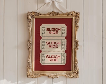 Sleigh Ride Christmas Ticket Print | Retro Holiday Wall Art | Vintage Red Winter Decor
