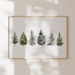 Watercolor Christmas Tree Print, Printable Wall Art, Minimalist Winter Landscape, Pine Tree Art, Farmhouse Christmas Decor, Digital Download