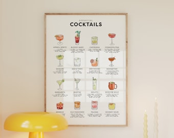 16 Classic Cocktails Print Poster, Bar Cart Decor, Cocktail Recipes Poster, Kitchen Print, Bar Cart Print, Home Decor Gift, DIGITAL DOWNLOAD