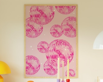 Hot Pink Wall Art Disco Ball Print, Preppy Dorm Art, Girly Dorm Room Decor, Bachelorette Bar Art, Maximalist Decor, Digital Download Poster