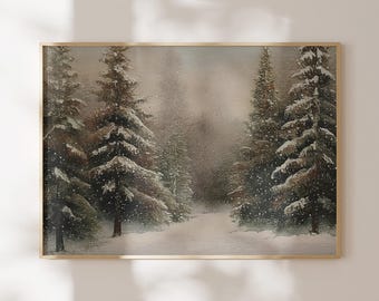 Snowy Christmas Pine Tree Landscape Print: Rustic Winter Vintage Landscape