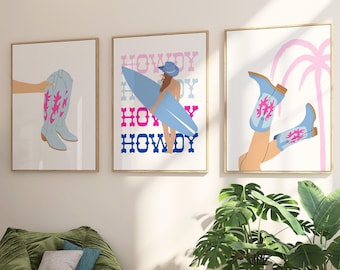 Coastal Cowgirl Print Set of 3 Blue Hot Pink Wall Art, Trendy Preppy Dorm Decor, Howdy Poster, Western Cowboy Boots, Beach Surf Girly Poster