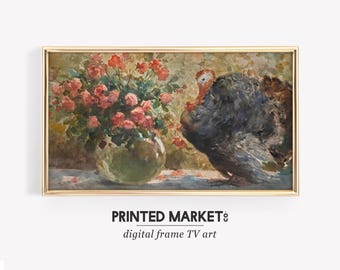Thanksgiving Turkey with Flowers Samsung Frame TV Art Fall Vintage Oil Painting
