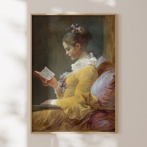 Victorian Portrait Woman Reading, Digital Print, Printable Wall Art, Antique Art Poster, Vintage Painting, Girl Reading, Yellow Pink Decor