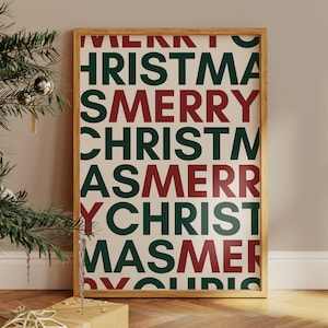 Klassische frohe Weihnachten Druck, druckbare Weihnachtswandkunst, grün rot Feiertagsdekor, Weihnachtstypographie-moderne trendige digitale Kunstdrucke