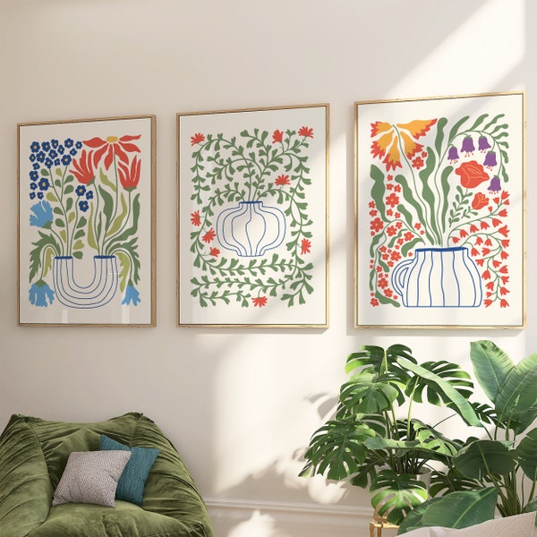 Impresiones de plantas en macetas Conjunto de 3, Descarga digital, Arte botánico floral, Decoración colorida del hogar escandinavo, Carteles del mercado de flores de la pared de la galería