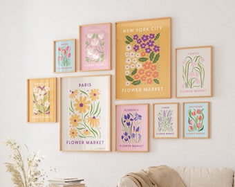 Flower Market Print, Set of 9, Floral Decor Posters, Botanical Wall Art, New York Poster, Paris Print, Custom Wall Art Set, Digital Download